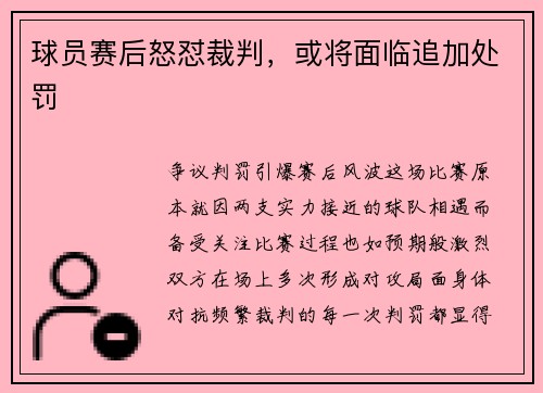 球员赛后怒怼裁判，或将面临追加处罚
